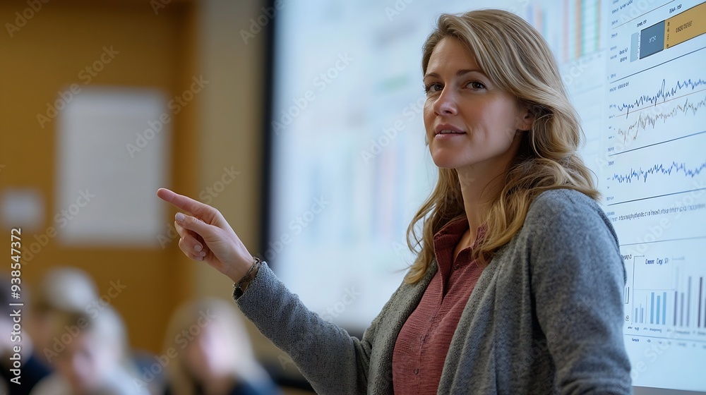 Aufkleber A mature female instructor points to a chart on a digital screen during an educational session in a welllit classroom : Generative AI