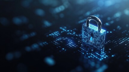 A digital padlock with binary code represents cybersecurity, data protection, and future technology in a high-tech digital environment.