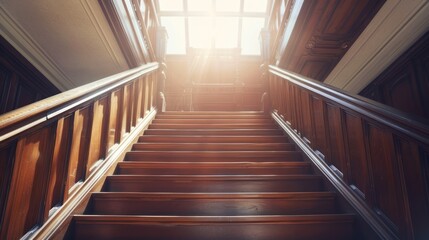 Wooden Staircase Leading Upwards with Sunlight Streaming Through a Window