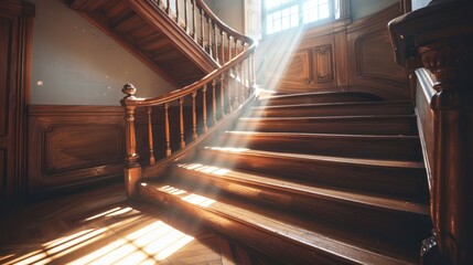Obraz premium Sunbeams Illuminating a Winding Wooden Staircase
