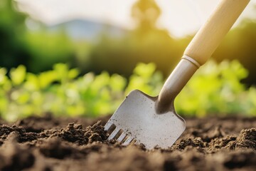 Close-up of a gardening tool digging into rich soil, surrounded by vibrant plant growth in a sunlit garden setting.