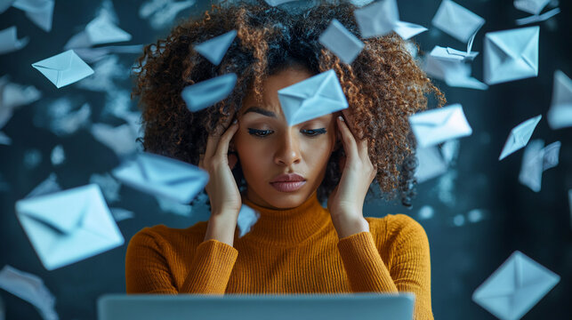 A woman sits at her laptop, visibly stressed as she deals with a barrage of incoming emails. Her hands are on her head, expressing feelings of frustration and overwhelm