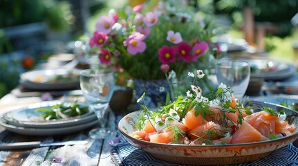 At an outdoor setting the Swedish midsummer solstice celebration featured a vibrant table adorned with a delectable spread a delightful salad comprising smoked salmon freshly boiled new pot 