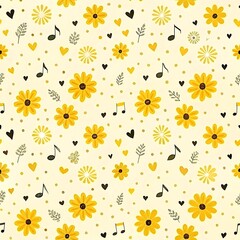 Obraz premium Yellow Flower and Heart Pattern - Cute Floral Digital Design