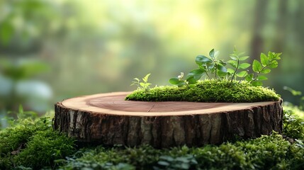Wooden slice podium and green leaves on a green moss background Premium scene for product promotion beauty natural eco cosmetic Empty showcase display case : Generative AI