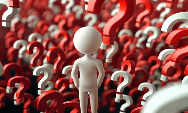 2D illustration of a cartoon man in white contemplating surrounded by red question marks