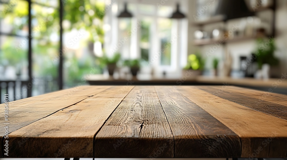 Poster Wood table top on blurred kitchen background can be used mock up for montage products display or design layout : Generative AI