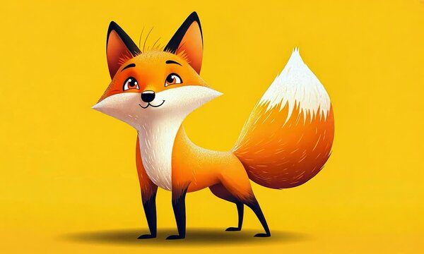 Adorable cartoon fox character in a friendly standing pose set against a vibrant yellow background 2D illustration