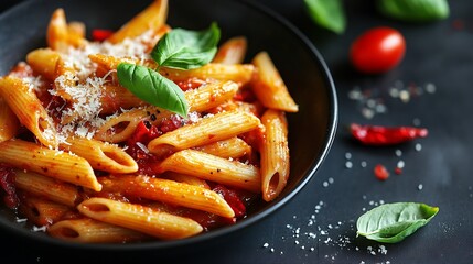 Classic italian pasta penne alla arrabiata with basil and freshly grated parmesan cheese on dark table Penne pasta with chili sauce arrabbiata : Generative AI