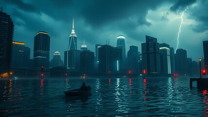 Modern City Submerged in Floodwaters at Dusk