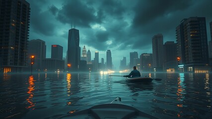 Fototapeta premium Modern City Submerged in Floodwaters at Dusk