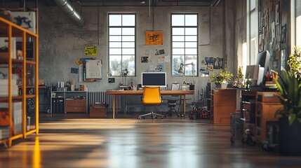 Empty engineering office equipped with industrial gear and architectural details shared workspace area for startup company 3D construction models project plans and visual program tools : Generative AI