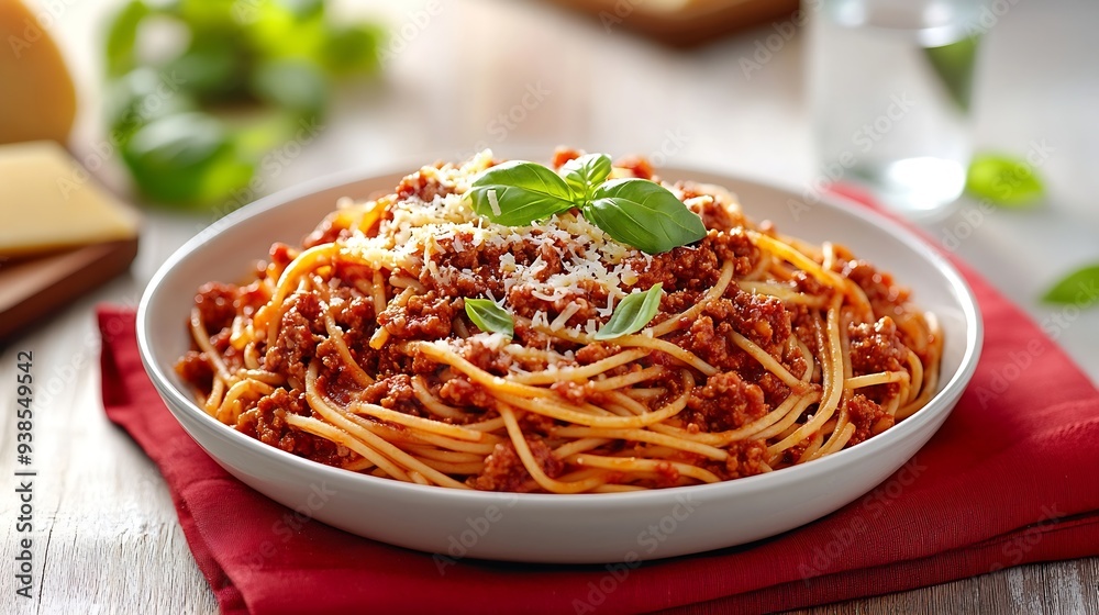 Poster spaghetti bolognese with basil on top and cheese and water on the side sitting on a red napkin and w