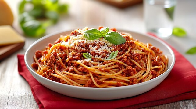 Spaghetti bolognese with basil on top and cheese and water on the side sitting on a red napkin and white wooden surface : Generative AI