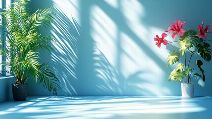 Abstract blue color gradient studio background for product presentation Empty room with shadows of window and flowers and palm leaves  3d room with copy space Summer concert Blurred ba : Generative AI
