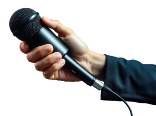 Hand Holding Microphone Isolated on white png file.	
