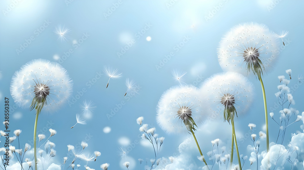 Wall mural Four Fluffy Dandelions against a Blue Sky with Seeds Flying.