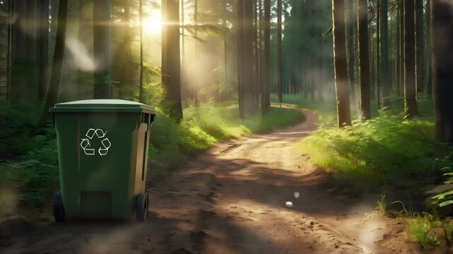 A recycling bin sits on a path in the woods in the morning. Seamless 4K looping timelapse video animation background