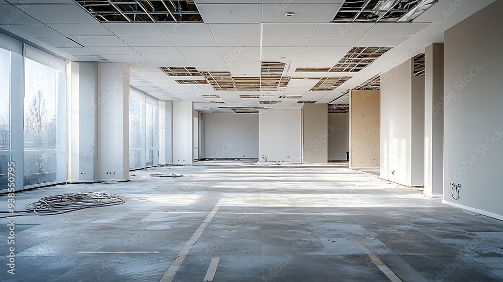 Poster an empty office with all the materials removed raised floors and cables hung to make a new renovatio