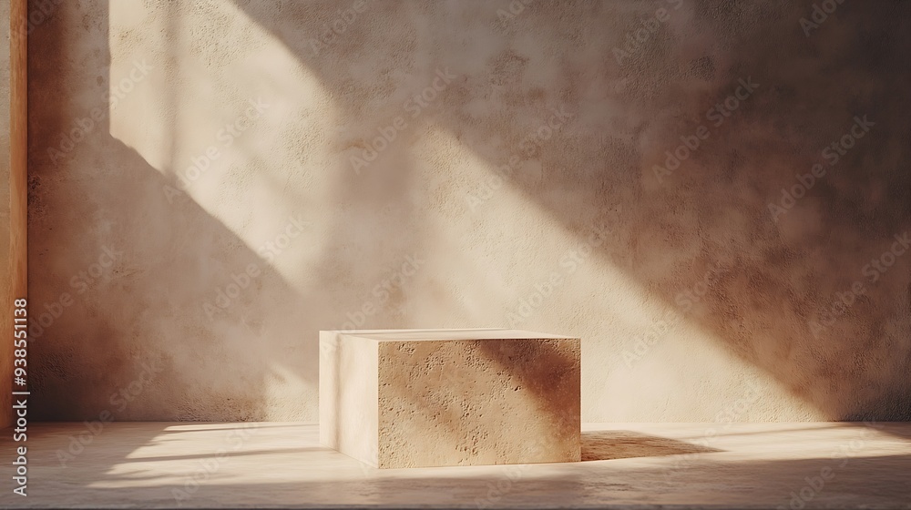 Poster cosmetic beauty presentation background minimal abstract brown concrete background with light for product displayed shadow and light from windows on rustic plaster wall beige studio ba : Generative AI