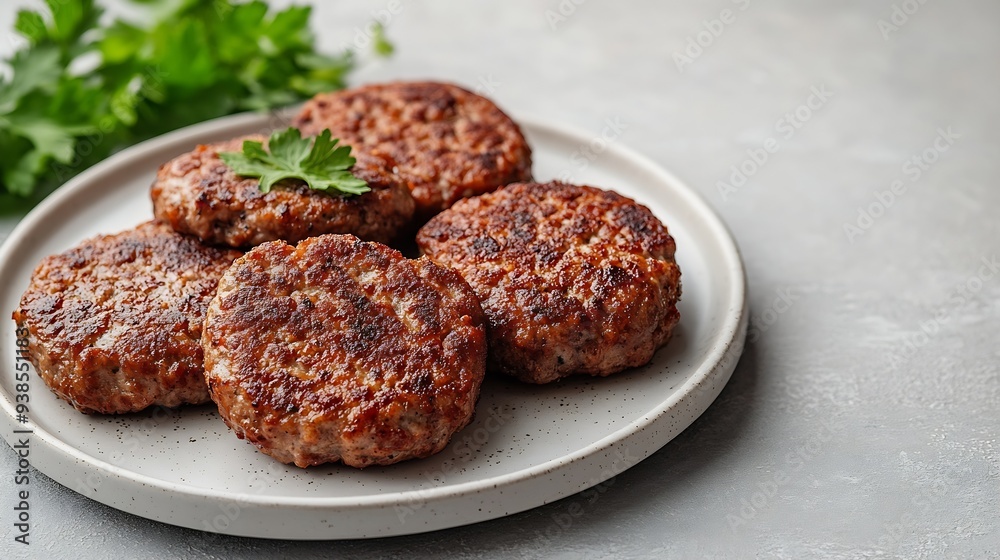 Poster delicious minced pork and beef cutlets on plate over light background comfort food top view flat lay