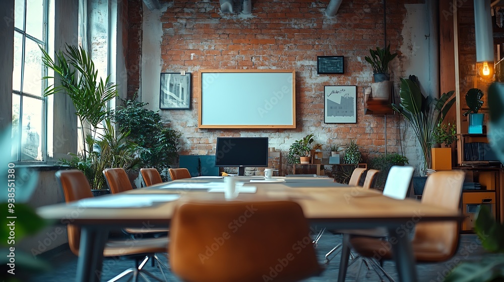 Aufkleber Empty Conference Room for Team Meetings in Modern Creative Agency with Art on Walls and Desks with Computers Office Space with Project Plan Presentation on Digital Whiteboard Monitor : Generative AI
