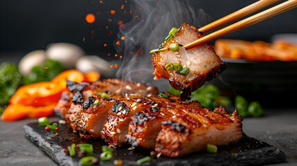 Grilled pork belly with chopsticks, Asian cuisine