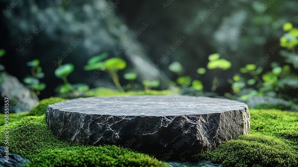 Poster stone podium above green moss surface for design products mockup background backdrop for displaying 
