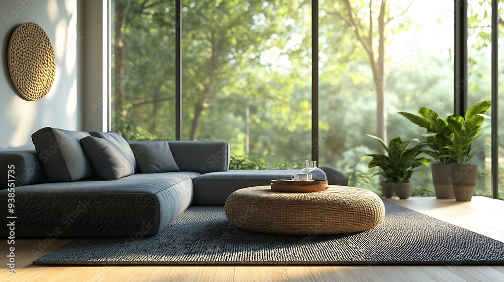 Poster interior of light living room with grey sofa coffee table and big window : generative ai