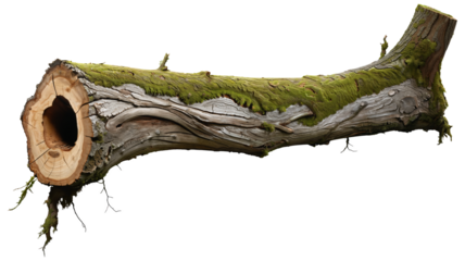 Forest hollow dead tree log covered in moss isolated on transparent background