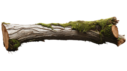 Forest dead tree log covered in moss isolated on transparent background