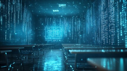 Abstract virtual binary code sketch on empty classroom background hacking and matrix concept Multiexposure : Generative AI