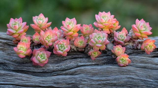 Closeup of a Burros Tail Sedum morganianum succulent draping over a piece of weathered wood The pastel pink and green hues of the fleshy leaves create a captivating and serene natural : Generative AI - Powered by Adobe