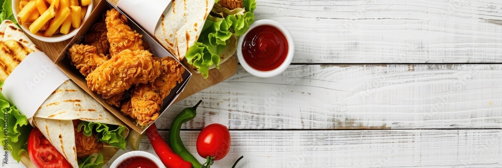 Poster lunch box with fried chicken strips, french fries, tortilla wraps, and vegetables arranged on a whit