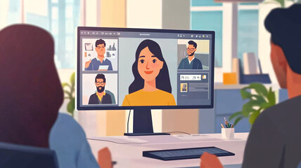 Engaging virtual meeting with diverse participants discussing creative ideas in a bright office space during daylight hours