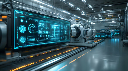 Fototapeta premium Futuristic factory interior with large screen displaying data and digital interface.