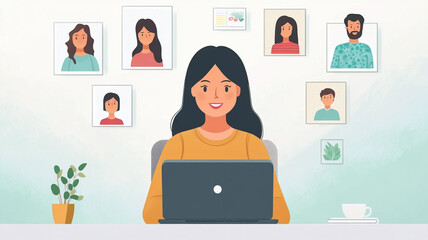 A joyful woman with long black hair working on a laptop at home surrounded by framed portraits on the wall and a small plant