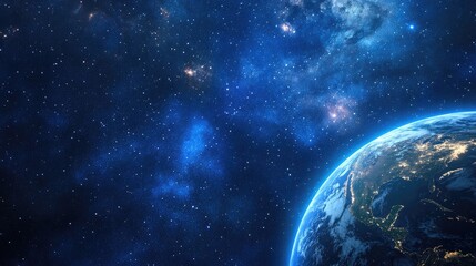 Close-up of Earth from space, with distant galaxies and bright stars filling the background