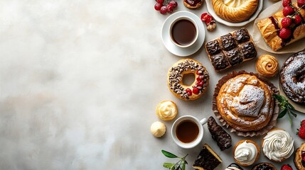 Table with various pastries and coffe cups on light backround Top view : Generative AI