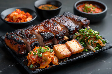 Fototapeta premium Korean BBQ ribs with side dishes on black plate