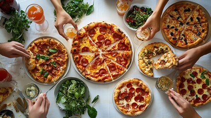 Pizza party for friends or family Flatlay of various pizzas drinks and peoples hands eating pizza over plain white table background top view Fast food comfort food Italian cuisine conc : Generative AI
