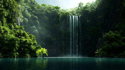 Lush Waterfall in Tropical Rainforest Lagoon