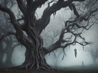 Naklejka premium Creepy Haunted Tree with Ghost Hanging in Foggy Graveyard, Halloween Scene