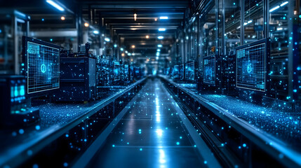 Futuristic industrial factory with digital screens and blue lights.