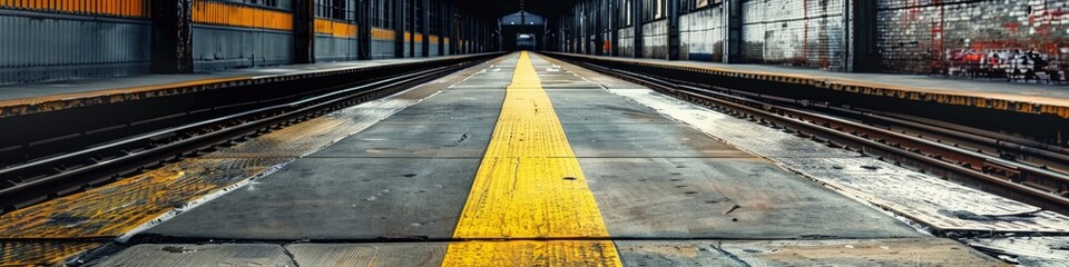 Abandoned train station platform featuring railroad tracks and a yellow dividing line on the cement floor for waiting travelers, along with a weathered steel railway beam.