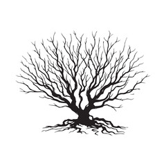 Digital art of group of black trees without leaves isolated on transparent background,  Black silhouette of a tree without leaves on white background.