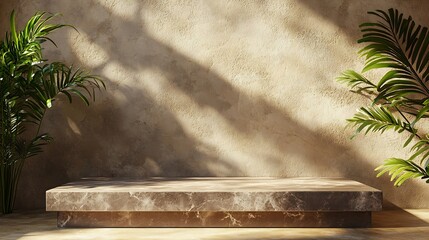 Natural stone podium for beauty and spa cosmetic brand display on brown background wall with plant shadow Luxury granite material and neutral aesthetic interior scene for product place : Generative AI