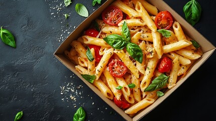 Casarecce pasta with tomato and basil in a taking away box food delivery from the restaurant to your home Top view : Generative AI