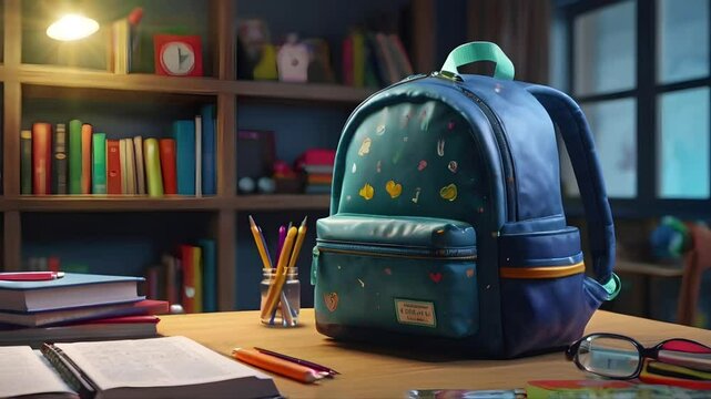 Back to school concept, Cute kids bag on the table in the study room complete with stationery. Seamless 4K looping timelapse video animation background