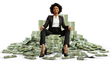 Rich Black business woman boss wearing black suit sitting on pile of Us dollar bills with more stacks of money around her against white background, throne made of cash, feminine, female power	